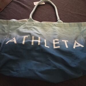 Athleta Tote Bag Blue White Ombre Dip Dye Canvas Logo Beach Gym Shopper‎ Travel